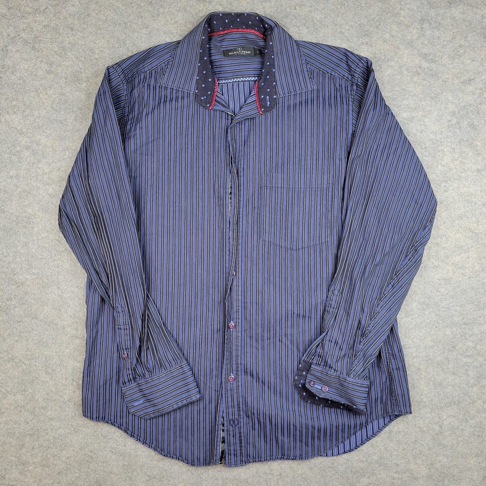 Bugatchi Uomo Shirt Mens Large Blue Stripe Cotton Dress Button Front Long Sleeve
